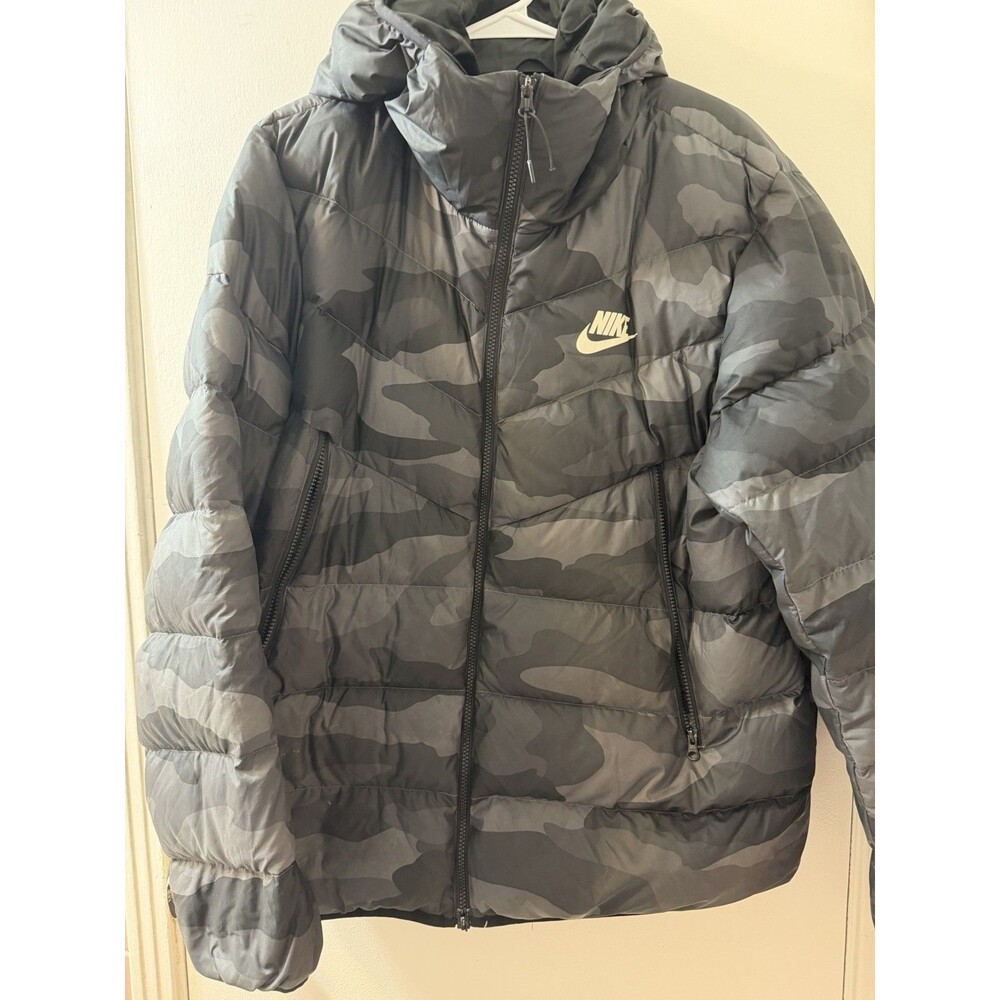 Nike Men's XL Gray/Black Camo Puffer Jacket Hooded Full Zip Pockets BV4763-083